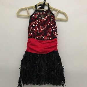Costume Gallery Girls Red and Black Sequin Fringe Dance Costume Size L
